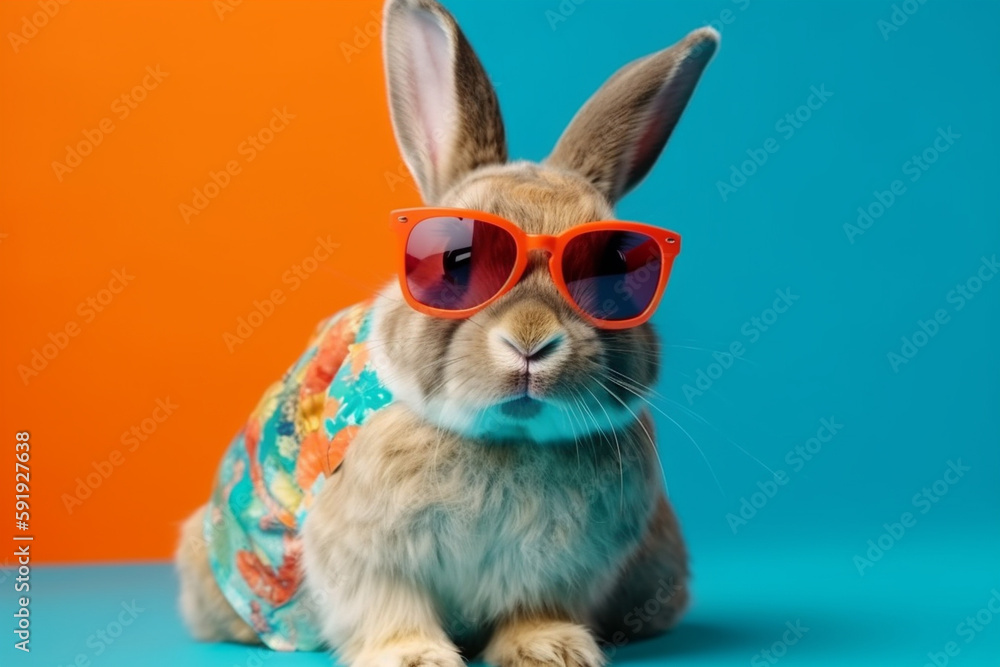 Cool rabbit wearing sunglasses and posing with a funny face against a vibrant and colorful backdrop, representing the humor and playfulness of the animal kingdom. Ai generated Cool rabbit wearing sunglasses and posing with a funny face against a vibrant and colorful backdrop, representing the humor and playfulness of the animal kingdom. Ai generated