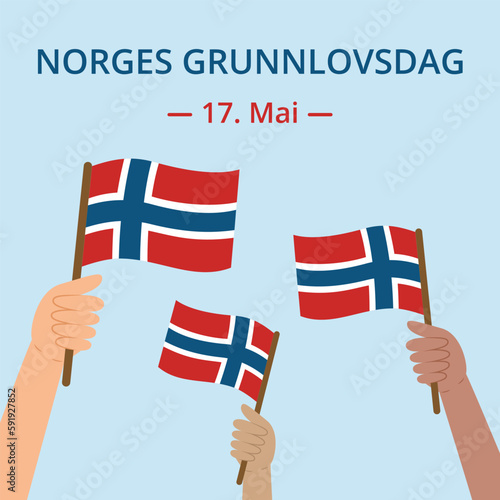 Norway Constitution Day (Norges Grunnlovsdag) banner. National holiday 17 May. Template with diverse hands holding Norwegian flags. Square shape for social networks. Vector illustration.