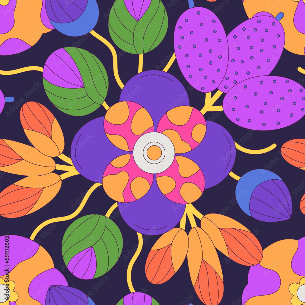 Seamless floral pattern of colorful abstract flowers with black stroke
