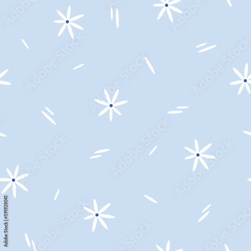 Cute floral seamless pattern with small flowers on blue background. Summer garden or wildflowers theme. Print is suitable for textile, wrapping paper, fabrics etc. Vector illustration in pastel color.