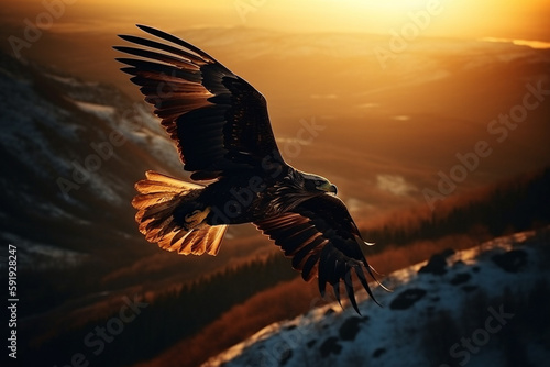 Eagle soaring with its wings spread wide against a warm sunset on the horizon, representing the freedom and greatness of the animal kingdom. Ai generated