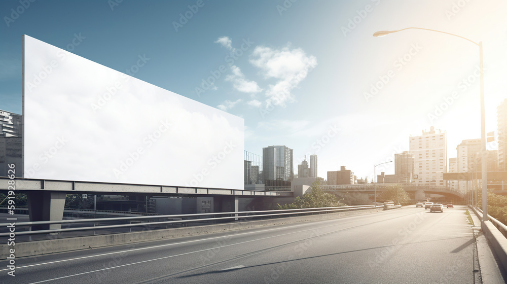 Empty space advertisement board, blank white signboard on roadside in city, Square blank billboard in city. Generative Ai