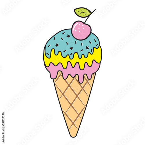 Ice cream is a sweet dessert. Color isolated vector illustration in cartoon style.