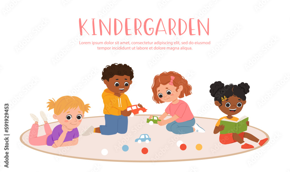 Kids play toys and games together in kindergarden. Cartoon playroom with children. Kids play toys and games together in kindergarden. Cartoon playroom with children.