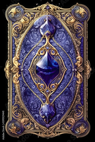 Ornamental fantasy card deck back design with gems and gold filigree made with Generative AI