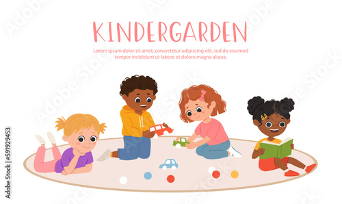 Kids play toys and games together in kindergarden. Cartoon playroom with children.