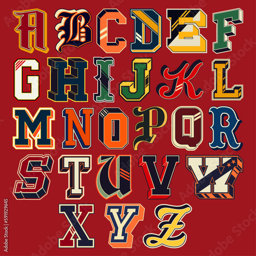 Varsity collegiate athletic letters font alphabet patches vintage vector artwork for sport print and embroidery collection photo