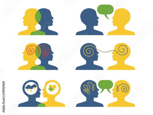  Mental health and psychology concept set. Provision of psychological assistance. Care for psychological health.