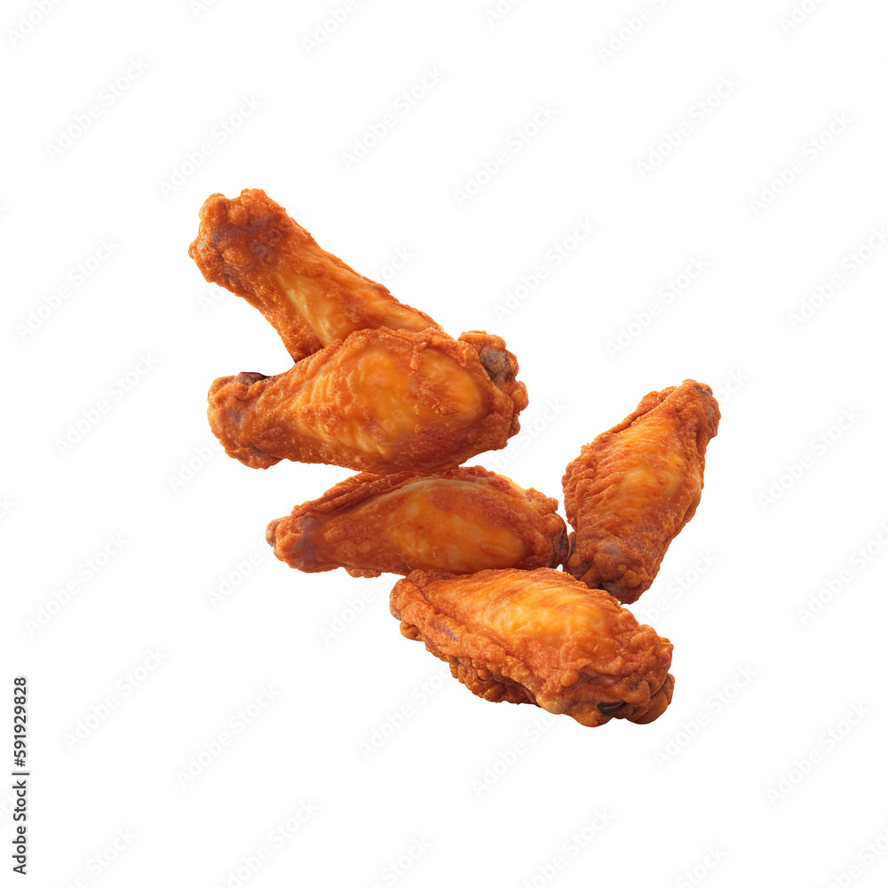 3d Fried chicken wings in motion, falling chicken wings for promo