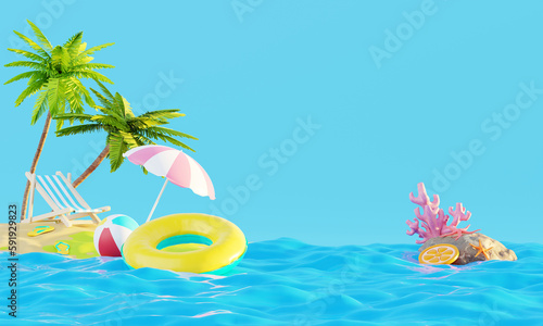 Fototapeta Naklejka Na Ścianę i Meble -  Summer vacation beach abstract background concept, Minimal Realistic Display Podium for Product mock-up or Cosmetics with summer theme, beach umbrella, sand, chairs, inflatable ring. 3d rendering
