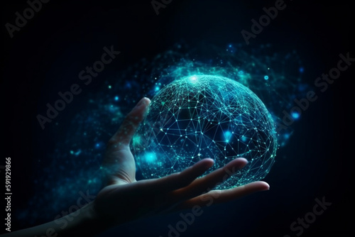 Digital planet inside the palm of a human hand, with transparent surfaces and bioluminescent lights, set against a dark background. Ai generated