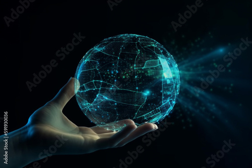 Digital planet inside the palm of a human hand, with transparent surfaces and bioluminescent lights, set against a dark background. Ai generated