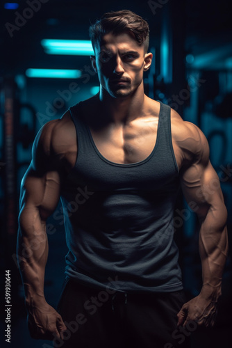 Generative ai handsome fitness male model bodybuilder posing indoors gym