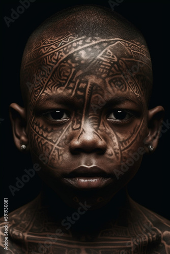 Generative ai young black child portrait with traditional tribal painting on his face