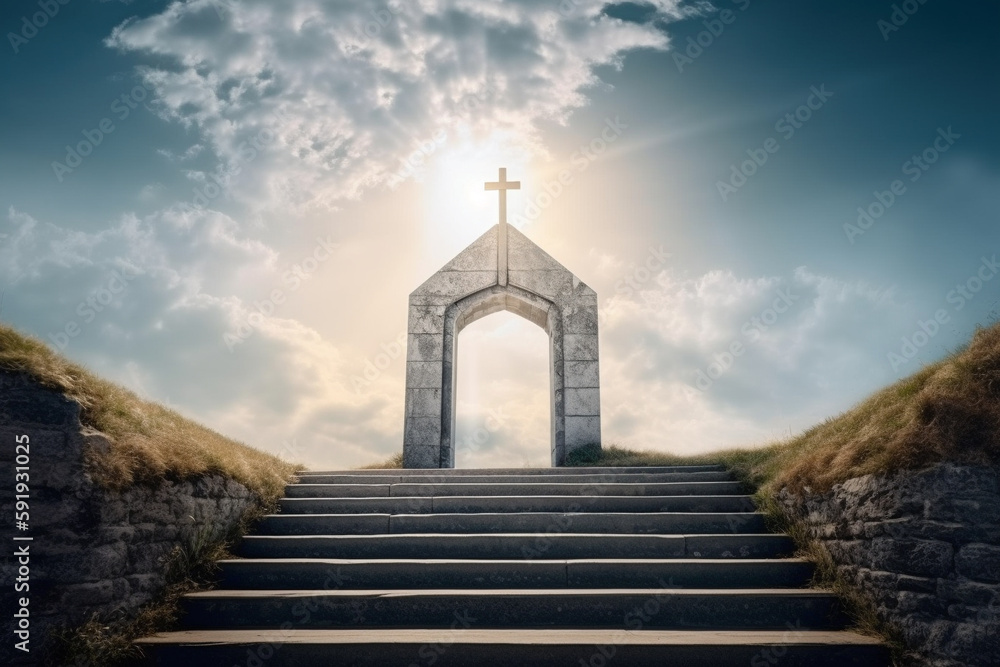 The gates of heaven, with a grand staircase leading up to an arch with a Christian cross and rays of light shining down from above.Ai generated