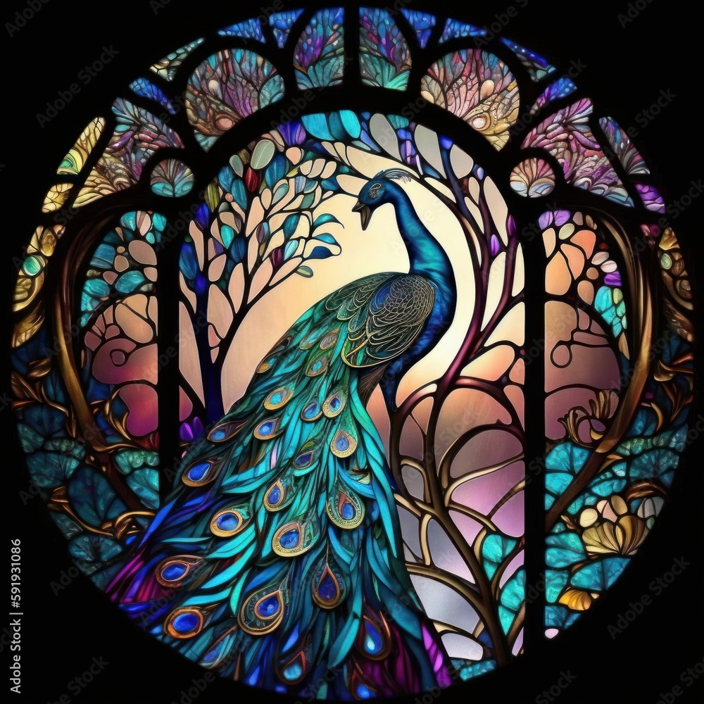 Colorful Peacock in a Stained Glass Window - Generative Ai