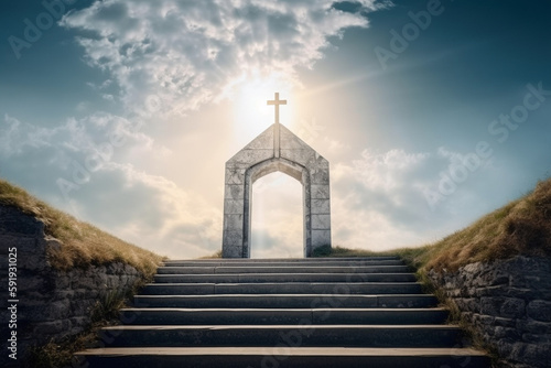 The gates of heaven, with a grand staircase leading up to an arch with a Christian cross and rays of light shining down from above.Ai generated