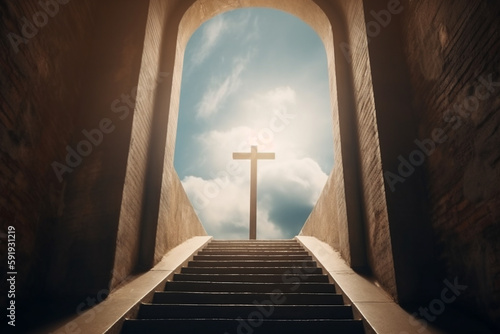 The gates of heaven  with a grand staircase leading up to an arch with a Christian cross and rays of light shining down from above.Ai generated