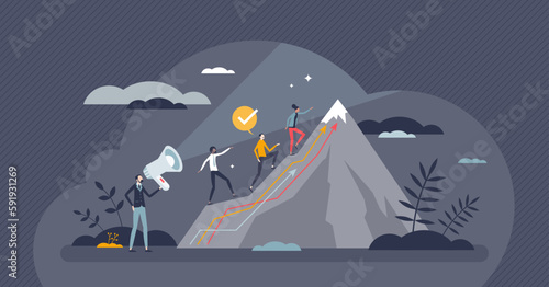 Life coaching and career training with help advices tiny person concept. Professional mentor or guidance expert for business support vector illustration. Personal development with education or skills