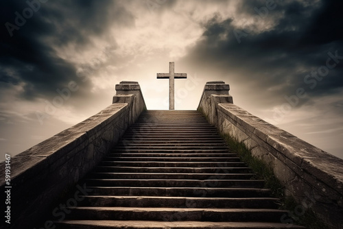 The gates of heaven, with a grand staircase leading up to an arch with a Christian cross and rays of light shining down from above.Ai generated
