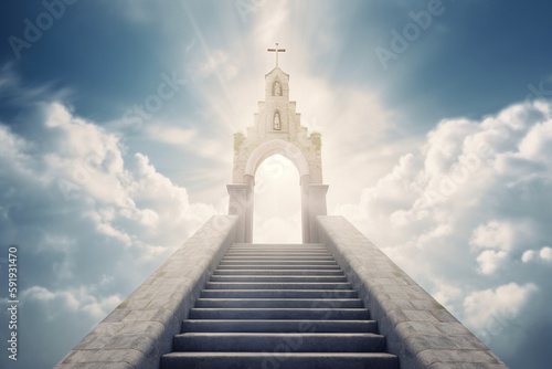 Fotografie, Tablou The gates of heaven, with a grand staircase leading up to an arch with a Christian cross and rays of light shining down from above