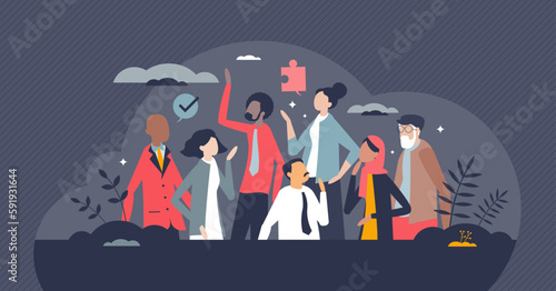 Diversity and inclusion in workplace with acceptance and integration tiny person concept. Colleagues from various age, racial, ethnic and cultural society groups vector illustration. Team Equality.