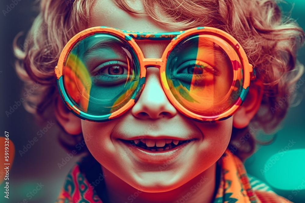 Portrait of a beautiful smiling little child with big colorful sunglasses - generative ai Portrait of a beautiful smiling little child with big colorful sunglasses - generative ai
