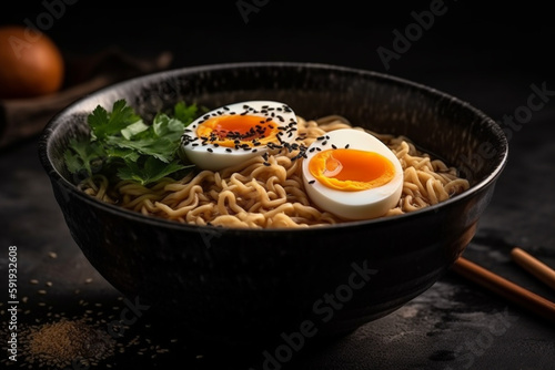 Delicious bowl of Japanese ramen soup in a black bowl, perfect for use in food blogs, restaurant menus, or any project related to Japanese cuisine and culture. Ai generated