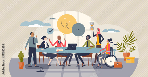 Diversity and inclusion in workplace as team acceptance tiny person concept. Teamwork power with various ethnic, racial and culture groups vector illustration. Business staff employment tolerance.