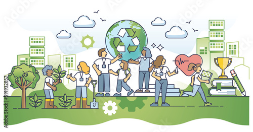 Empowering communities through education and outreach outline concept. Inform and teach children to be active, healthy, with nature friendly lifestyle and sustainable thinking vector illustration.