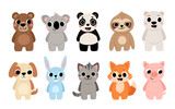 Cute wild and domestic animals set including brown bear, polar bear, panda, koala, sloth, cat, dog, pig, fox, and rabbit. Cartoon kids illustration.
