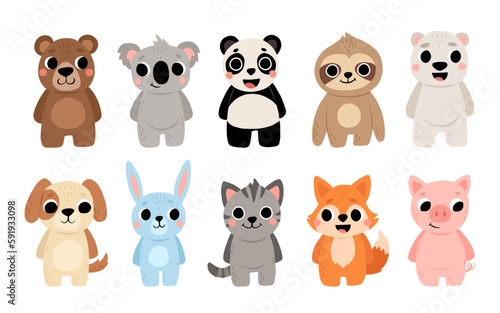 Cute wild and domestic animals set including brown bear, polar bear, panda, koala, sloth, cat, dog, pig, fox, and rabbit. Cartoon kids illustration.