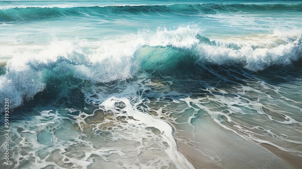 Fototapeta premium Sea waves breaking on the shore. Stunning blue and white colors on the seashore. Generative AI