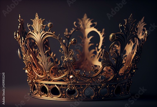 gold crown with beautiful ornamentation on light grey background. Generative AI