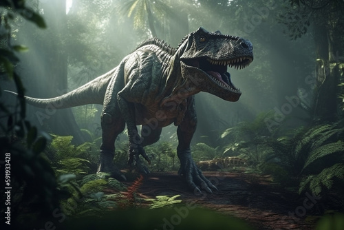 T-Rex dinosaur in the jungle, with its mouth open in a menacing growl, surrounded by lush vegetation and towering trees. The artwork is inspired by the Jurassic World concept. ai generated © twindesigner