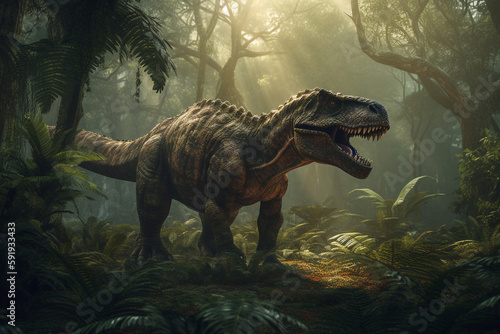 T-Rex dinosaur in the jungle, with its mouth open in a menacing growl, surrounded by lush vegetation and towering trees. The artwork is inspired by the Jurassic World concept. ai generated