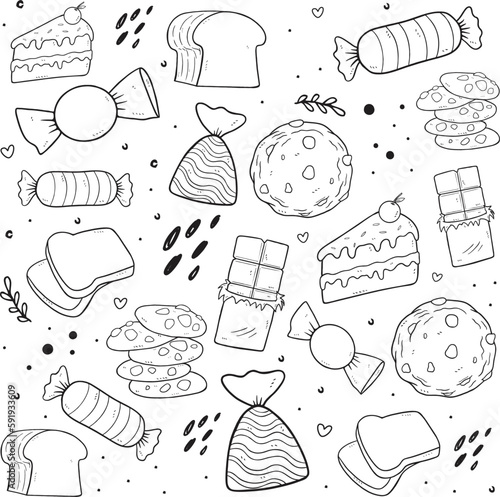 Snack set of Candies, Cookies, and Cake in Doodle Style