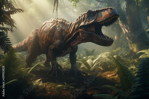 T-Rex dinosaur in the jungle, with its mouth open in a menacing growl, surrounded by lush vegetation and towering trees. The artwork is inspired by the Jurassic World concept. ai generated © twindesigner