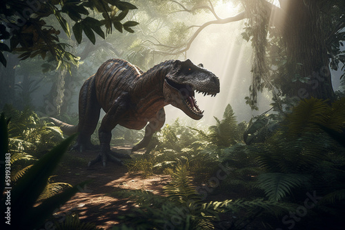 T-Rex dinosaur in the jungle, with its mouth open in a menacing growl, surrounded by lush vegetation and towering trees. The artwork is inspired by the Jurassic World concept. ai generated © twindesigner