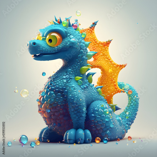 The cute green lizard dragon is bathing among water bubbles © Uyen Doi
