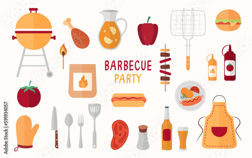 Hand-drawn flat barbecue elements. Vector illustration isolated on a white background