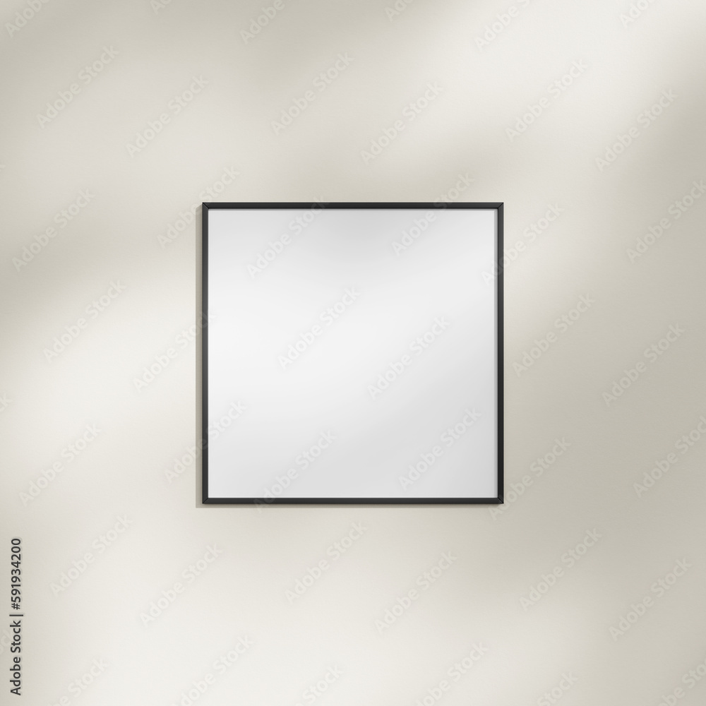 Frame hanging on a white wall mockup with leaf shadow Frame hanging on a white wall mockup with leaf shadow