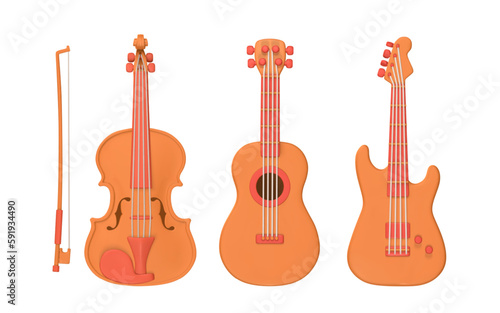 3d realistic violin  electric and acoustic guitar for music concept design in plastic cartoon style. Vector illustration