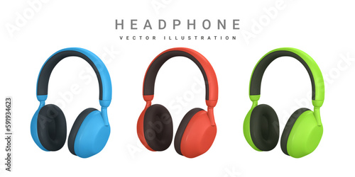 3d realistic colour headphone in plastic cartoon style. Vector illustration