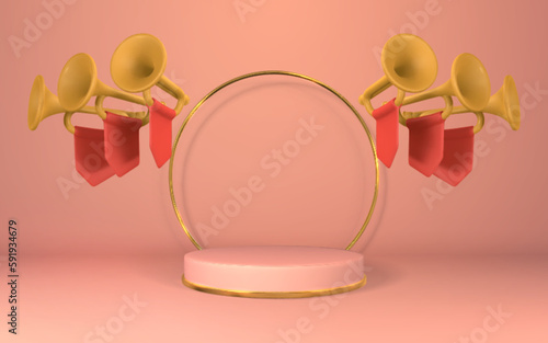 3d realistic stage with fanfare in plastic cartoon style. Vector illustration
