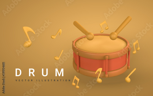 3d realistic drum for music concept design in plastic cartoon style. Vector illustration