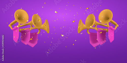 3d realistic fanfare with confetti. Music concept design in plastic cartoon style. Vector illustration