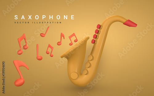 3d realistic saxophone for music concept design in plastic cartoon style. Vector illustration