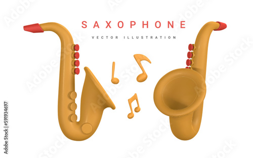 3d realistic saxophone for music concept design in plastic cartoon style. Vector illustration