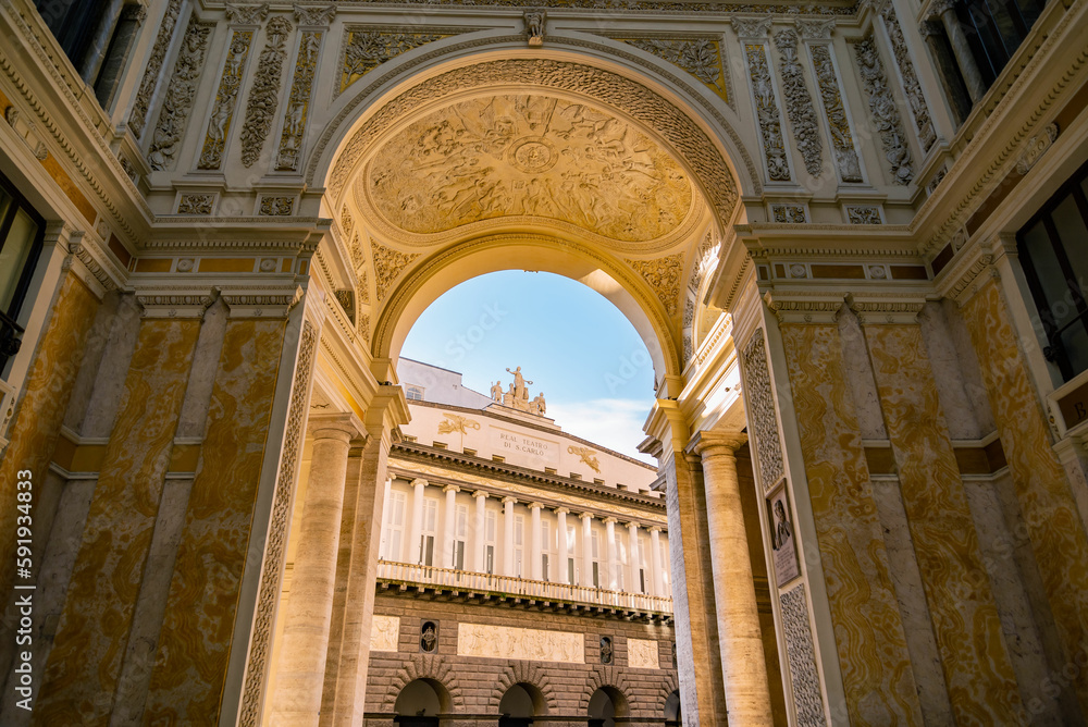 Obraz premium Galleria Umberto I. Interior of ancient gallery in touristic town Naples, Campania. The historic center of the biggest city of south Italy. Shopping and tourism in Europe.